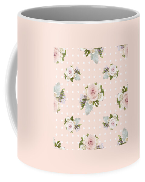 Blush Pink Coffee Mug featuring the painting Blush Pink Floral Rose Cluster w Dot Bedding Home Decor Art by Audrey Jeanne Roberts
