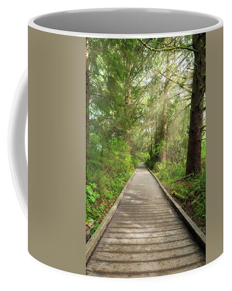 Hiking Coffee Mug featuring the photograph Boardwalk along Hiking Trail at Fort Clatsop by David Gn