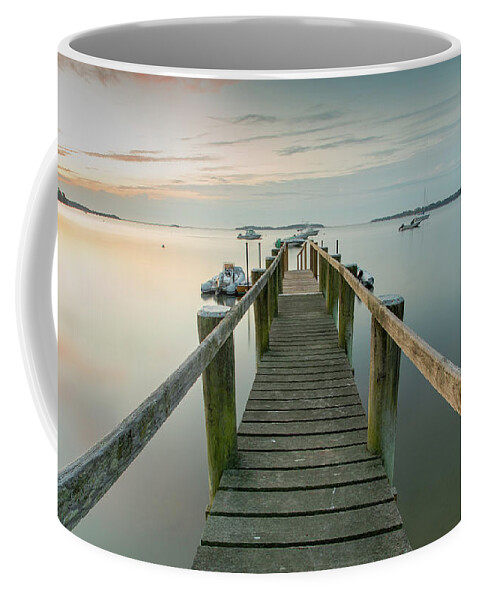 Boat Dock Coffee Mug featuring the photograph Boat Dock at Sunrise Grey Blue Panorama by Darius Aniunas