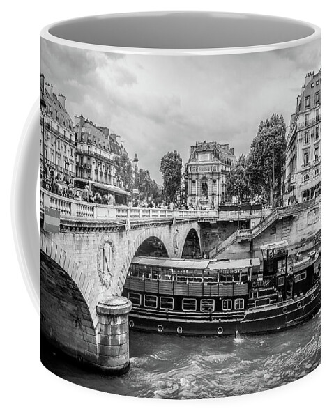 Black And White Coffee Mug featuring the photograph Boat Going Under Pont au Change in Paris, Blk Wht by Liesl Walsh