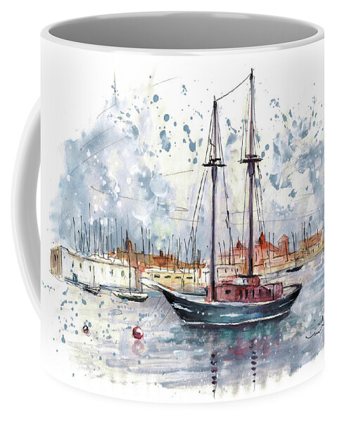 Travel Coffee Mug featuring the painting Boat In Siema In Front Of Valletta by Miki De Goodaboom