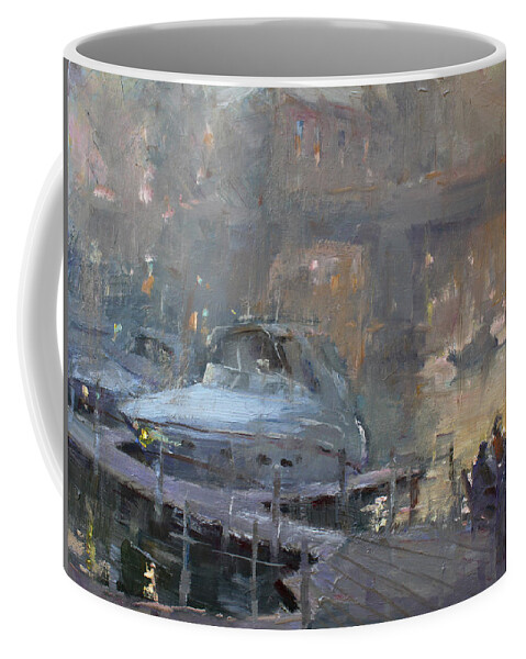 Boaters At Dusk Coffee Mug featuring the painting Boaters at Dusk by Ylli Haruni
