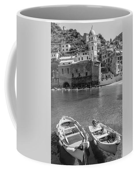 Canon Coffee Mug featuring the photograph Boats and Manarola Black and White by John McGraw
