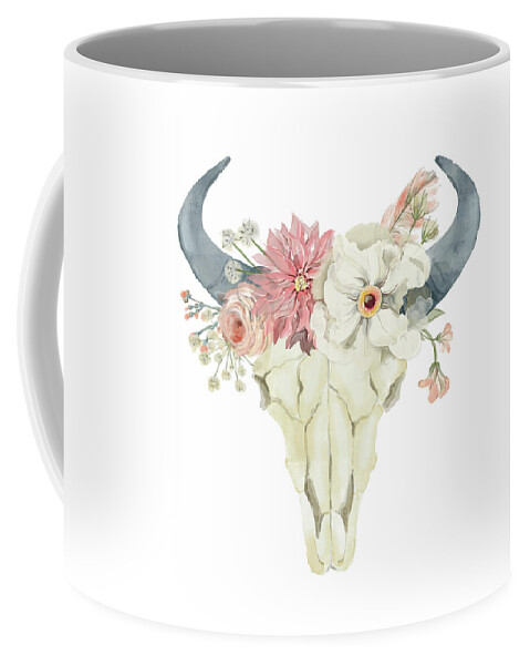 Bull Coffee Mug featuring the digital art Boho Bull Skull Watercolor Floral Anemone Tribal Decor by Pink Forest Cafe