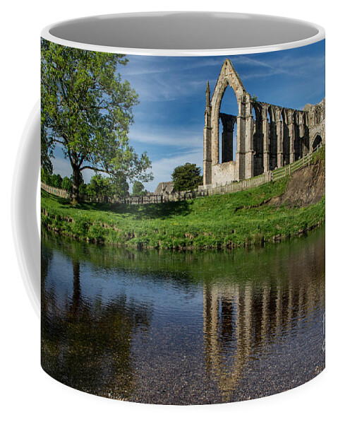 Abbey - Ruins - Reflections - Sky - River - Nidderdale - Old - Historic - Christian - Windows - Tree Coffee Mug featuring the photograph Bolton Abbey Reflections by Chris Horsnell