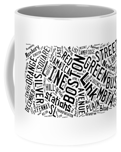 Boston Coffee Mug featuring the digital art Boston Subway or T Stops Word Cloud by Edward Fielding