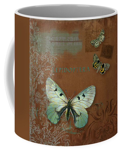 Wildflower Etchings Coffee Mug featuring the painting Botanica Vintage Butterflies n Moths Collage 4 by Audrey Jeanne Roberts