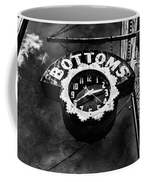 Bardstown Coffee Mug featuring the photograph Bottoms Clock Sign Black and White by Sharon Popek