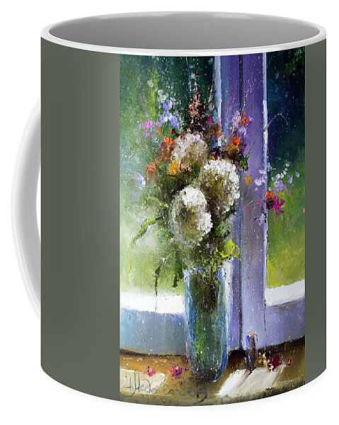 Russian Artists New Wave Coffee Mug featuring the painting Bouquet at Window by Igor Medvedev