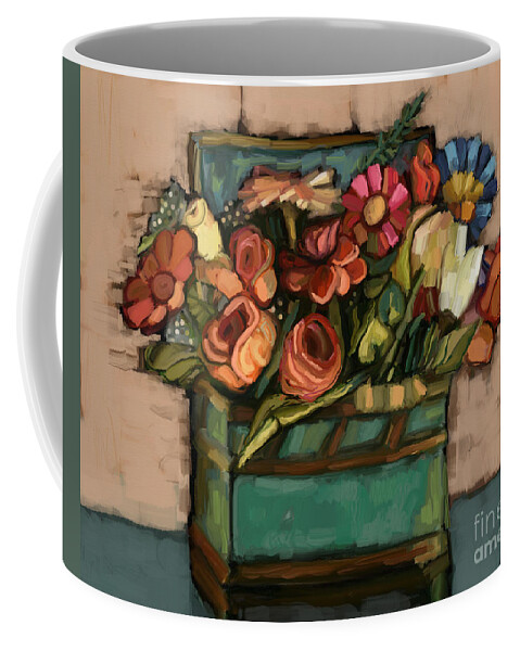 Folk Coffee Mug featuring the painting Box of Flowers by Carrie Joy Byrnes