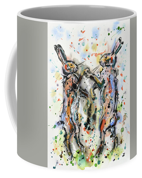 Hare Coffee Mug featuring the painting Boxing Hares by Zaira Dzhaubaeva