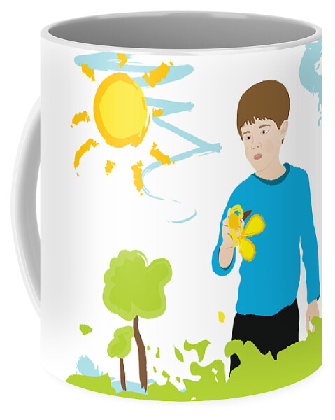 Blue Coffee Mug featuring the drawing Boy Painting Summer Scene by Serena King