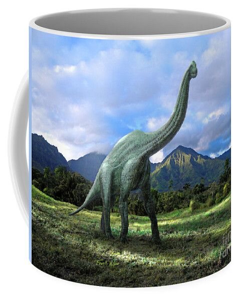 Dinosaur Coffee Mug featuring the mixed media Brachiosaurus In Meadow by Frank Wilson