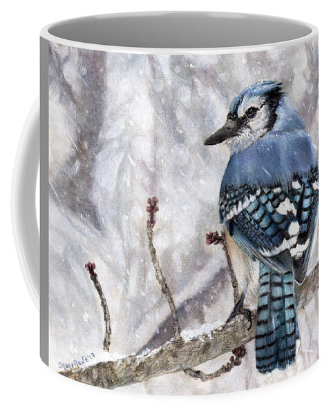 Bluejay Coffee Mug featuring the drawing Braving the Storm by Shana Rowe Jackson