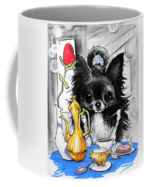Dog Caricature Coffee Mug featuring the drawing Breakfast At Tiffany's Papillon Caricature Art Print by John LaFree