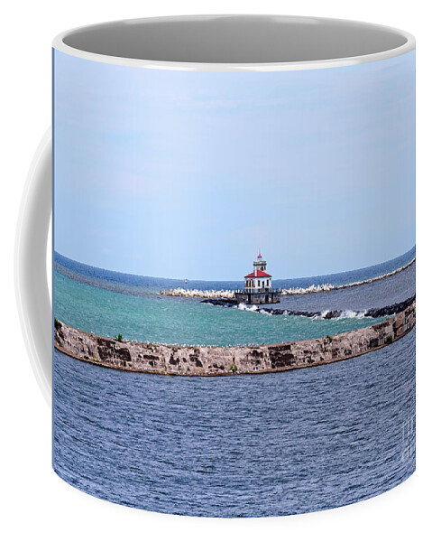 Breakwater Coffee Mug featuring the photograph Breakwater and lighthouse in Oswego New York by Louise Heusinkveld