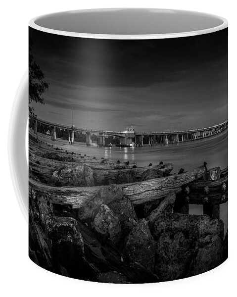 Bridge Coffee Mug featuring the photograph Bridge to Longboat Key in BW by Doug Camara