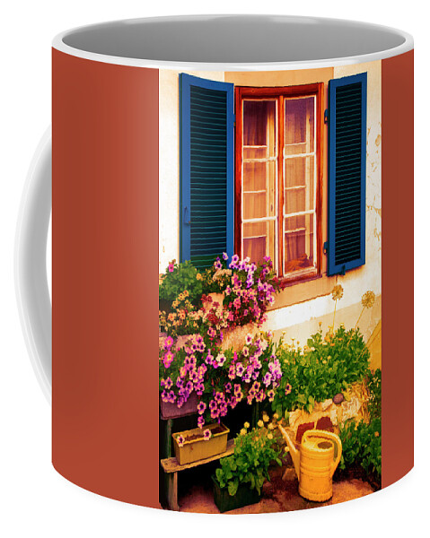 Austria Coffee Mug featuring the photograph Bright Blue Shutters in the Garden by Debra and Dave Vanderlaan