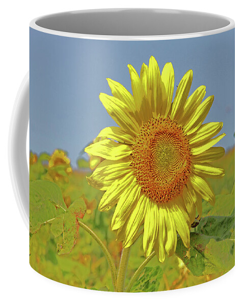 Bright Yellow Sunflower In A Field Blue Sky Artsy Coffee Mug featuring the photograph Bright Yellow Sunflower In A Field Blue Sky Artsy 2 8312017 by David Frederick