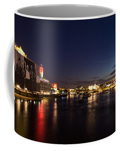 Georgia Mizuleva Coffee Mug featuring the photograph British Symbols and Landmarks - Silky River Thames at Night Complete with the Royal Family by Georgia Mizuleva