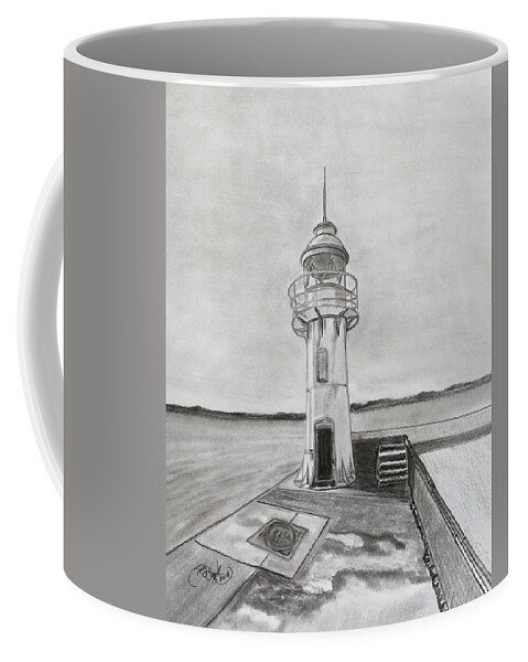 Pencil Coffee Mug featuring the drawing Brixham lighthouse by Tony Clark