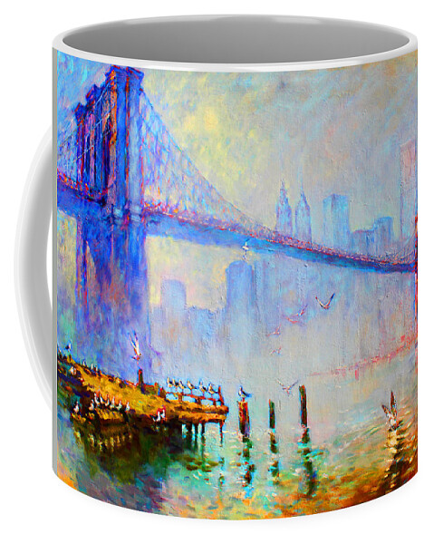 Brooklyn Bridge Coffee Mug featuring the painting Brooklyn Bridge in a Foggy Morning by Ylli Haruni