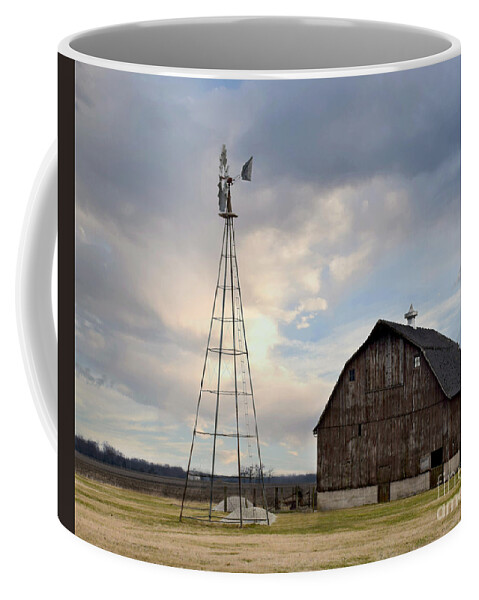 Brown Barn And Windmill Coffee Mug featuring the photograph Brown Barn And Windmill by Kathy M Krause