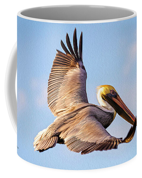 Nature Coffee Mug featuring the digital art Brown Pelican In Flight - TWO by DB Hayes