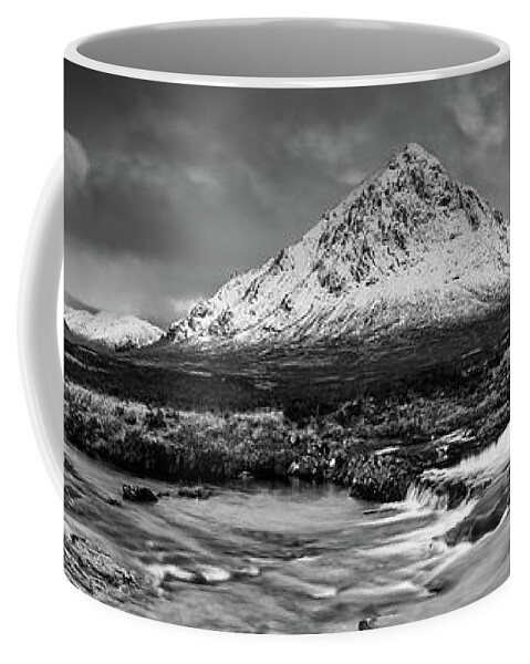 Buachaille Etive More Coffee Mug featuring the photograph Buachaille Winter Panorama Mono by Grant Glendinning