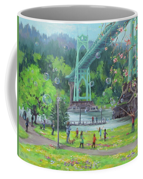 Portland Coffee Mug featuring the painting Bubbly Bridge by Karen Ilari