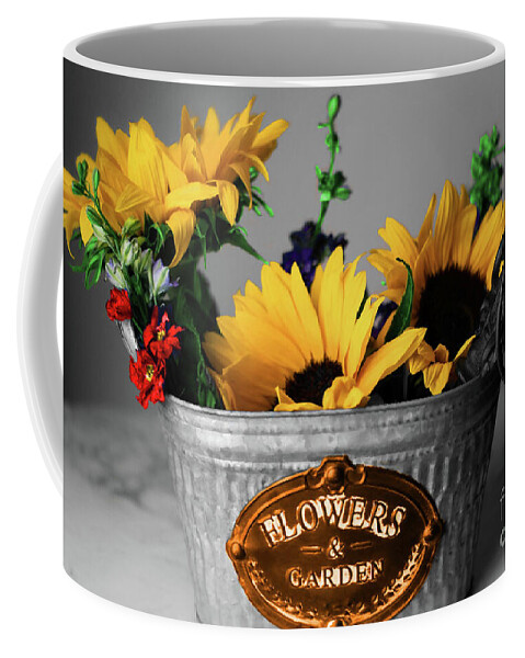 Black And White Coffee Mug featuring the photograph Bucket of Sunflowers by Diana Mary Sharpton