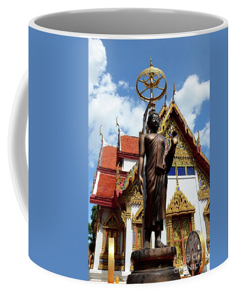 Temple Coffee Mug featuring the photograph Buddha statue with sunshade outside temple Hat Yai Thailand by Imran Ahmed