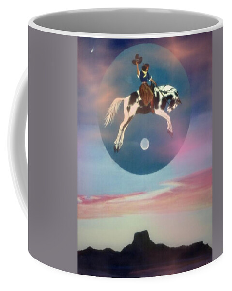 Cowgirl Coffee Mug featuring the painting Buffalo Girls Over Abiquiu I by Anastasia Savage Ealy