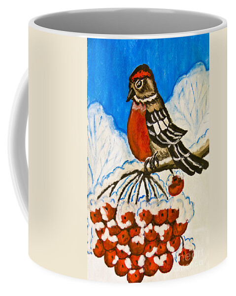 Hand Painted Coffee Mug featuring the painting Bullfinch on branch of ashberry tree, painting by Irina Afonskaya
