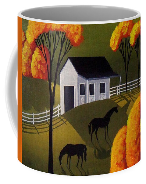 Art Coffee Mug featuring the painting Bursting gold - horse country barn landscape by Debbie Criswell