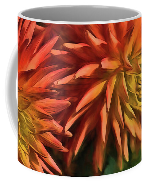 Vibrant Orange And Yellow Dahlia Painting Coffee Mug featuring the digital art Bursting With Color by Mary Lou Chmura