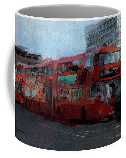 London Coffee Mug featuring the digital art Buses on Westminster Bridge by Nicky Jameson