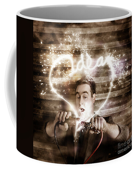 Idea Coffee Mug featuring the photograph Business man jump starting a neon idea light bulb by Jorgo Photography