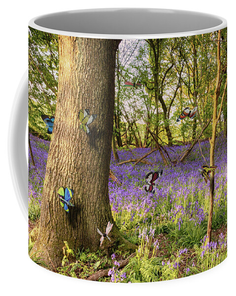 Butterflies Coffee Mug featuring the photograph Butterflies in a bluebell woodland by Simon Bratt