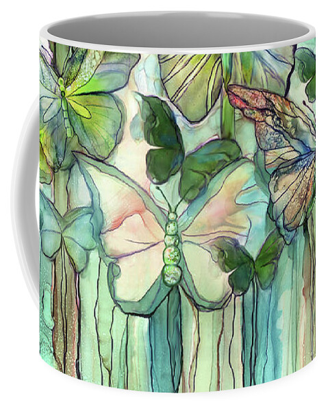 Carol Cavalaris Coffee Mug featuring the mixed media Butterfly Bloomies 4 - Peach by Carol Cavalaris