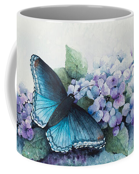 Hydrangea Coffee Mug featuring the painting Butterfly on the Hydrangea by Lael Rutherford