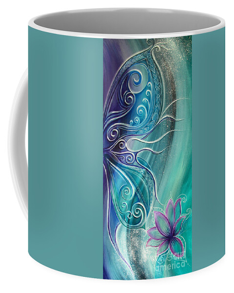 Butterfly Coffee Mug featuring the painting Butterfly Wing with Lotus by Reina Cottier