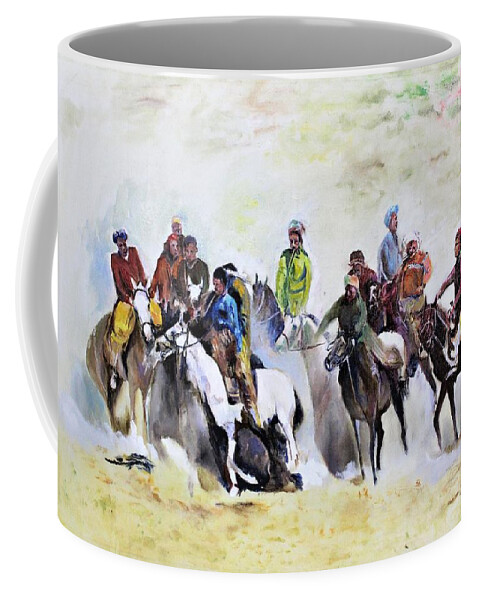 Buzkashi Sport Coffee Mug featuring the painting Buzkashi sport by Khalid Saeed