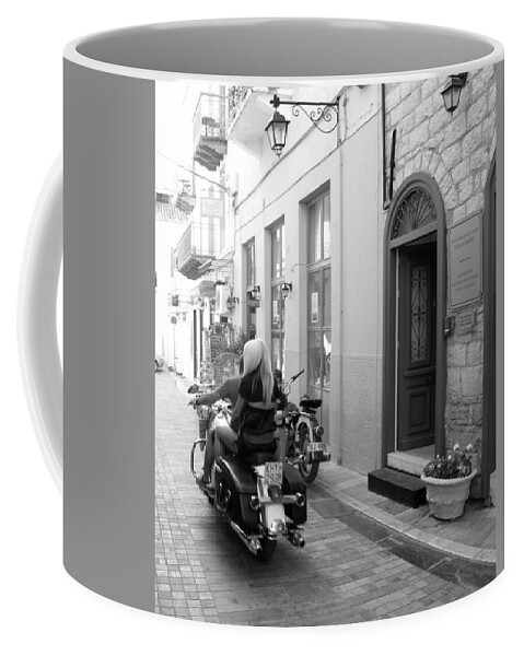 Motorcycle Coffee Mug featuring the photograph BW Girl Riding on Motorcycle with Handsome Bike Rider Speed Stone Paved Street Nafplion Greece by John Shiron