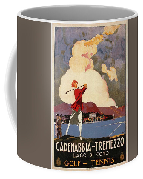Golf Coffee Mug featuring the mixed media Cadenabbia Tremezzo, Golf and Tennis - Golf Club - Retro travel Poster - Vintage Poster by Studio Grafiikka