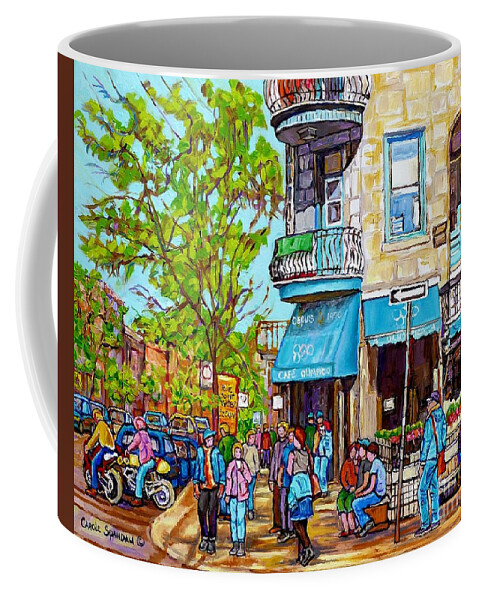Cafe Olimpico Coffee Mug featuring the painting Cafe Olimpico Plateau Mont Royal Cafe Street Scene Painting Carole Spandau Canadian Artist      by Carole Spandau