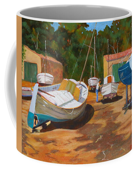 Mallorca Coffee Mug featuring the painting Cala figuera Boatyard - I by David Gilmore