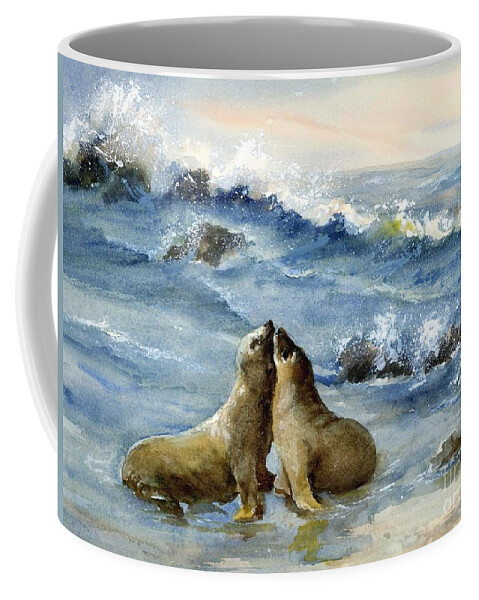 A Lovely Sea Lion Couple Stealing Kisses As Waves Crash On The Rocks Behind Them. Coffee Mug featuring the painting California Sea Lions by Virginia Potter