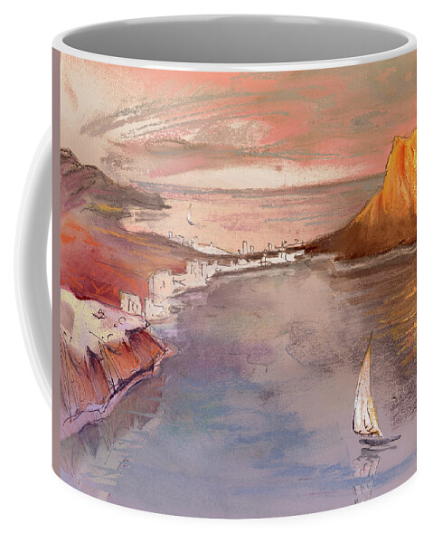 Spain Coffee Mug featuring the painting Calpe at Sunset by Miki De Goodaboom