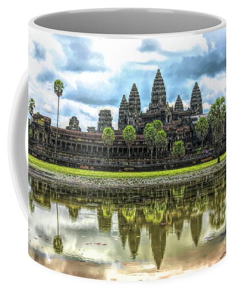 Angkor Wat Coffee Mug featuring the digital art Cambodia Panorama Angkor Wat Reflections by Chuck Kuhn